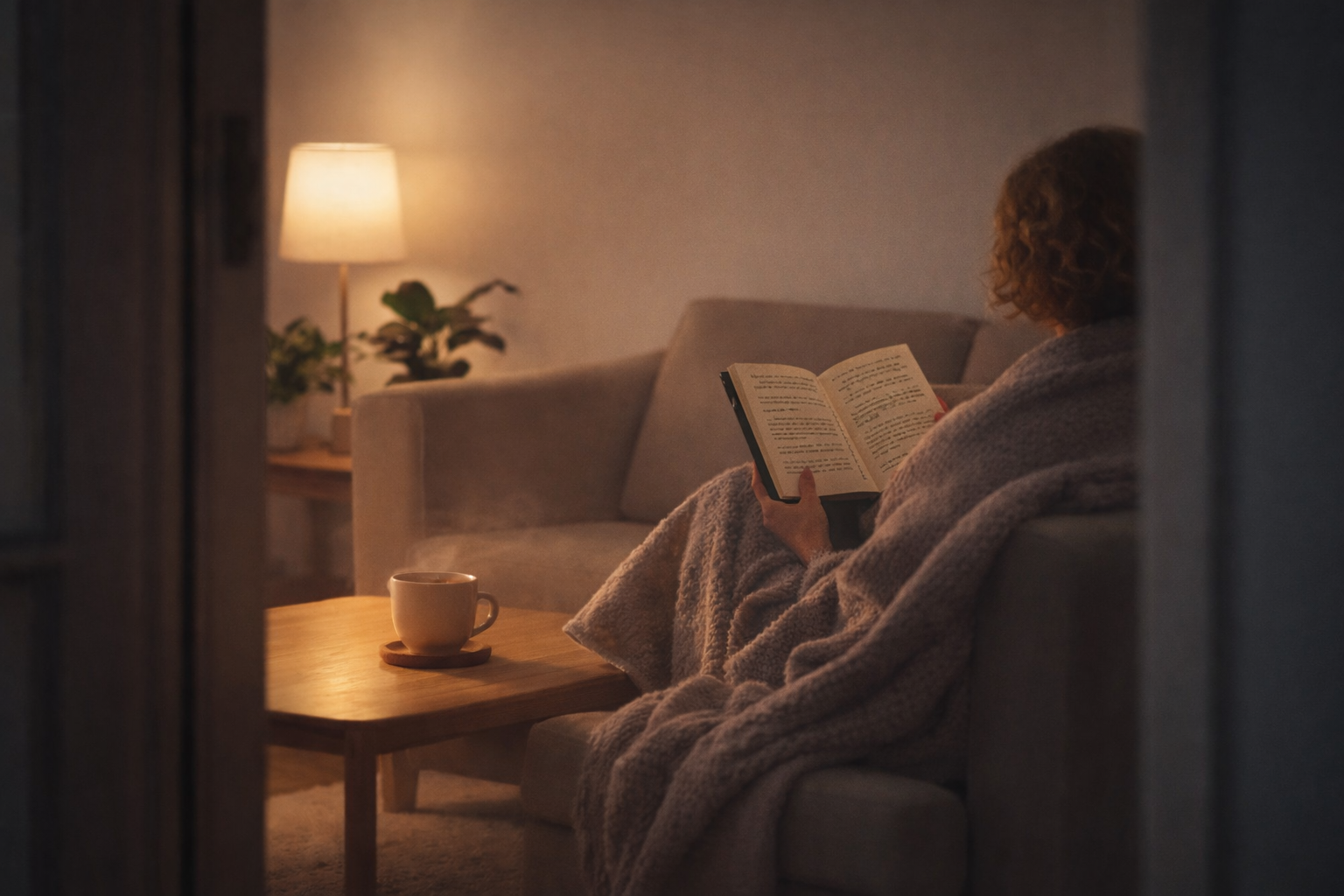 Kvinde hygger sig med at læse bogen